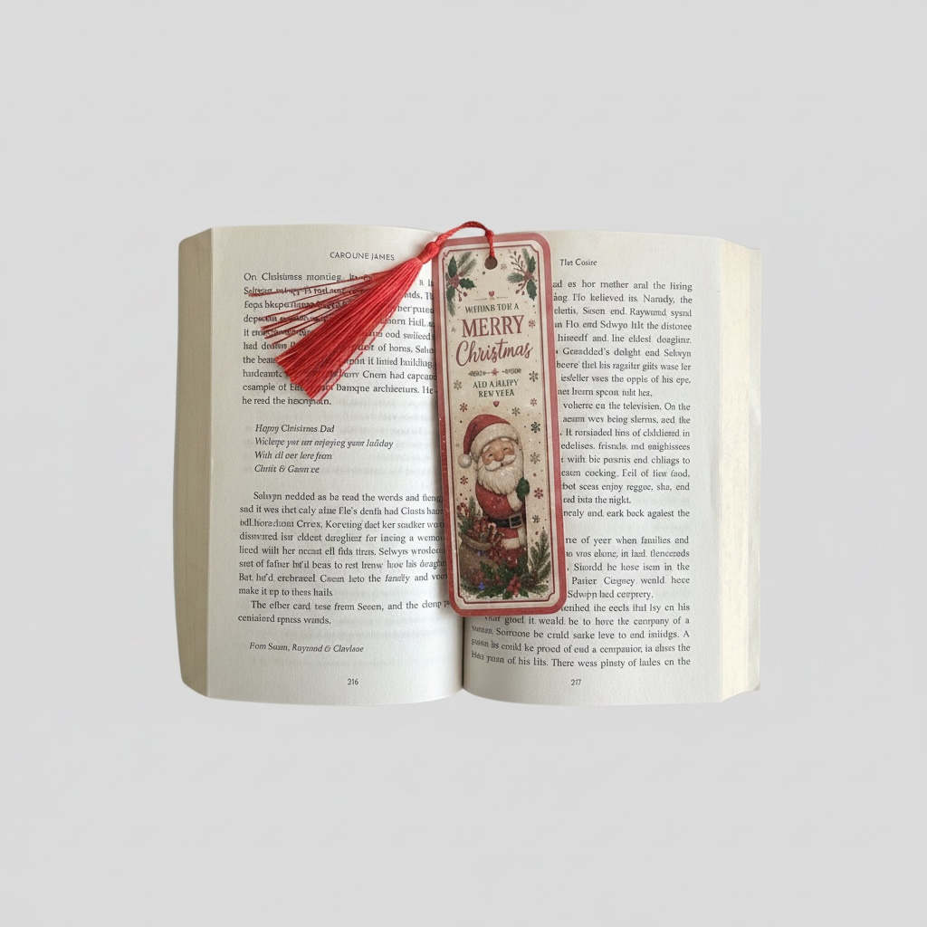 A vintage-style Christmas bookmark book with red tassel, shown inserted between two open book pages on a light gray background.