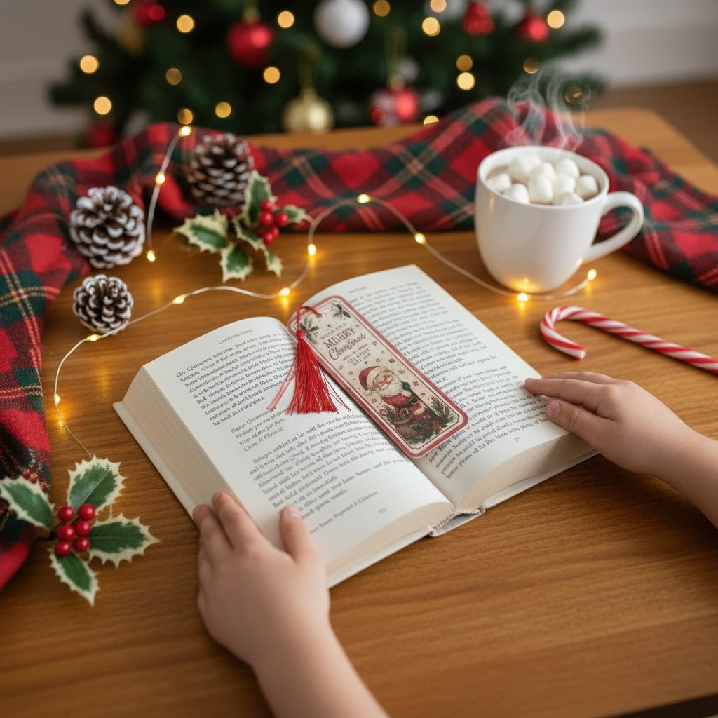 A Christmas-themed bookmark with a red tassel and Santa illustration rests on an open book on a wooden table, surrounded by holiday decor including a mug of hot chocolate with marshmallows, candy canes, pinecones, holly, and fairy lights, with a blurred Christmas tree in the background. Two hands are visible holding the book.