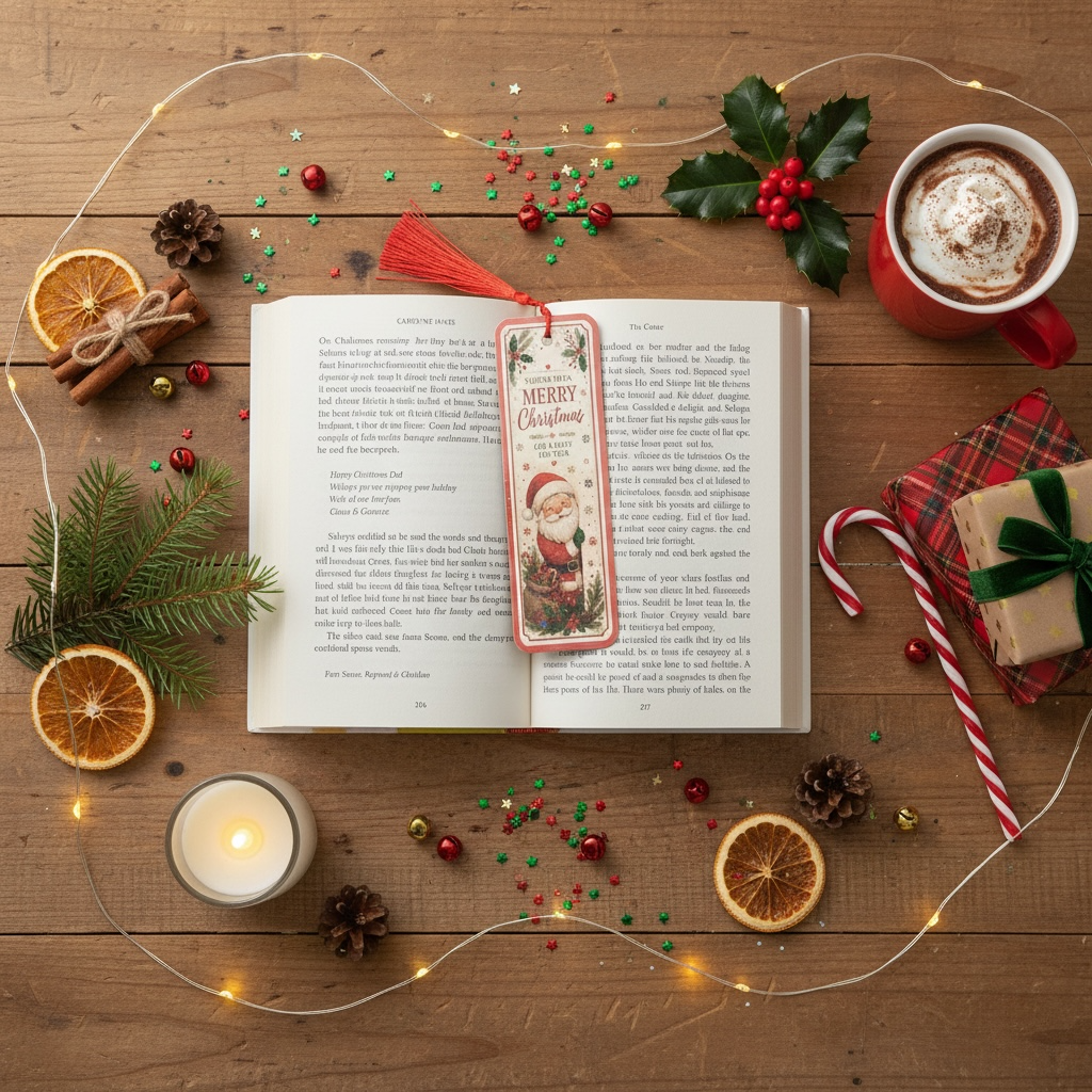 (flat lay with book) → Describes the festive props, fairy lights, and hot chocolate context