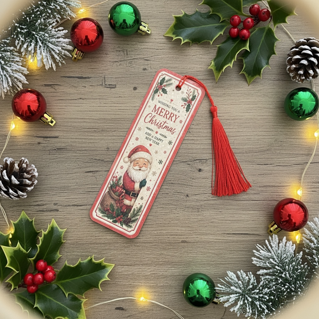 A rectangular Christmas bookmark with a red tassel lies on a rustic wooden surface, surrounded by holiday decorations including red and green ornaments, holly leaves, pinecones, and warm string lights. The bookmark features a vintage Santa illustration and the text 'Merry Christmas' and 'The Christmas Collection'.