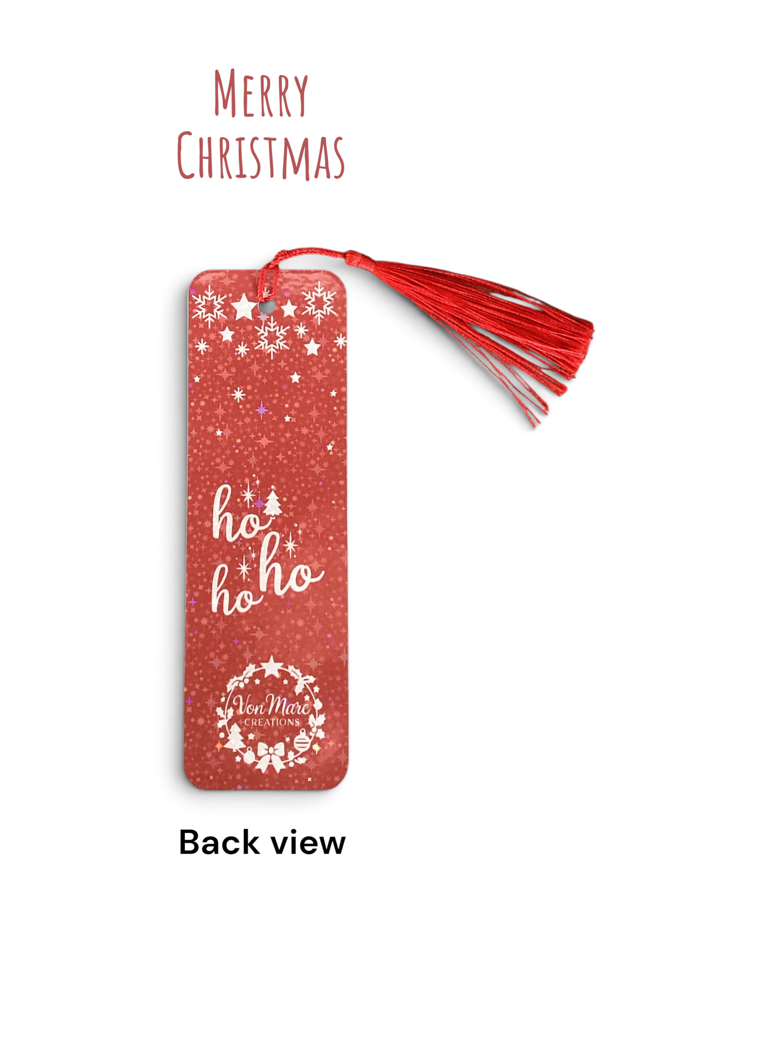(back view, white background) → Calls out the glittery red "Ho Ho Ho" design and VonMare Creations branding