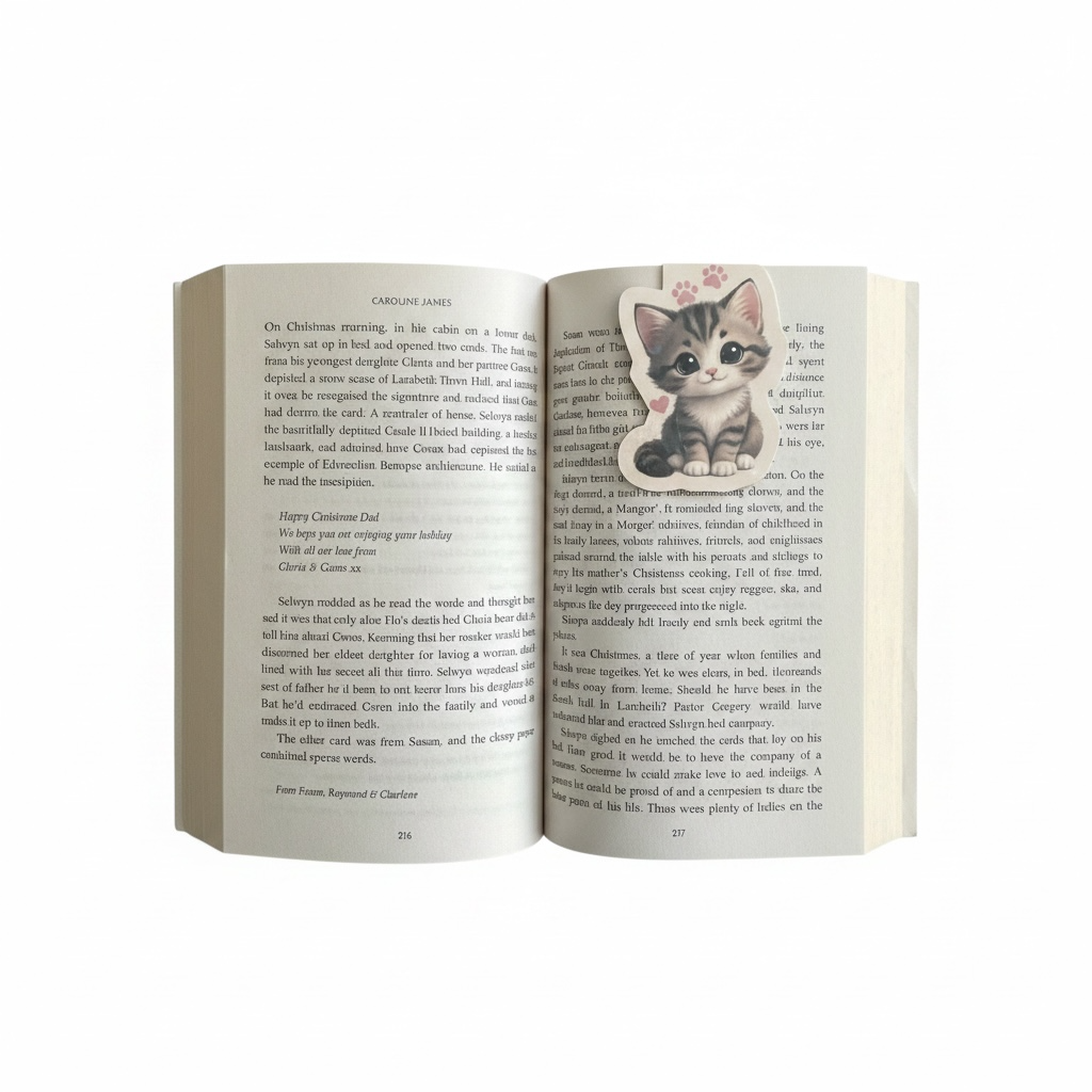 In-book white background → "Kitten magnetic bookmark clipped to the pages of an open book on a white background"