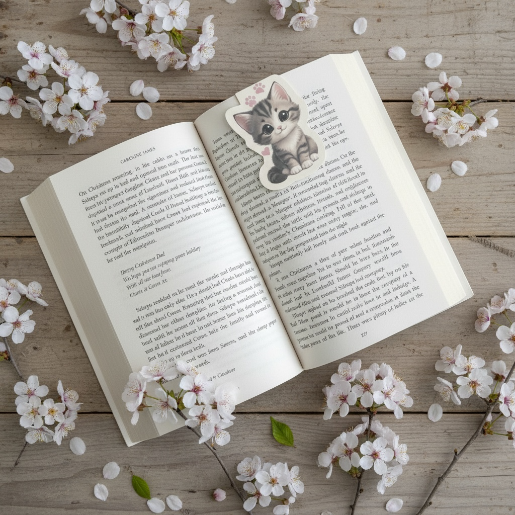 Cherry blossom + open book lifestyle → "Sparkle kitten magnetic bookmark placed in an open book surrounded by cherry blossom branches on a wooden surface