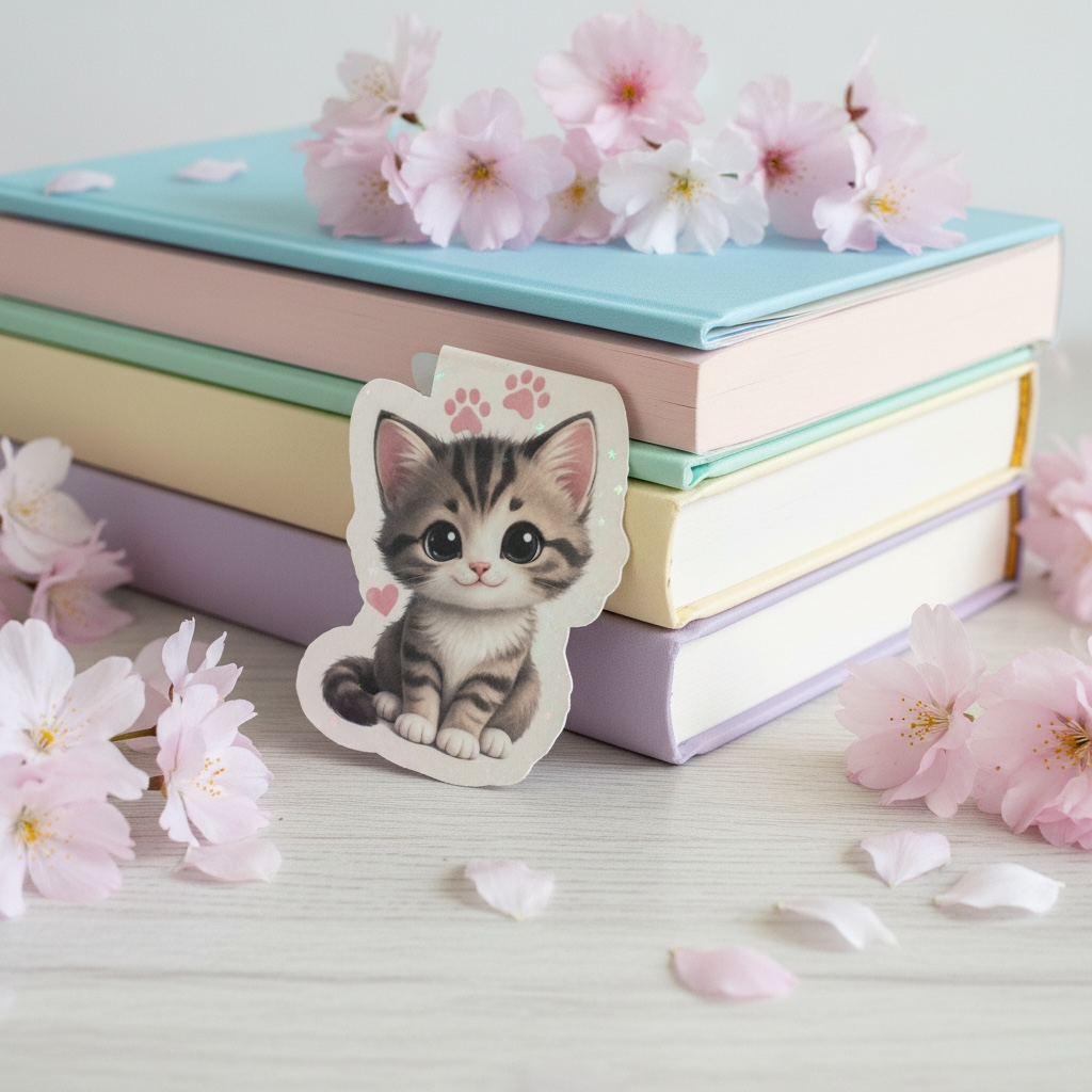 Pastel books stack → "Cute kitten magnetic bookmark leaning against a stack of pastel coloured books with pink cherry blossom flowers"