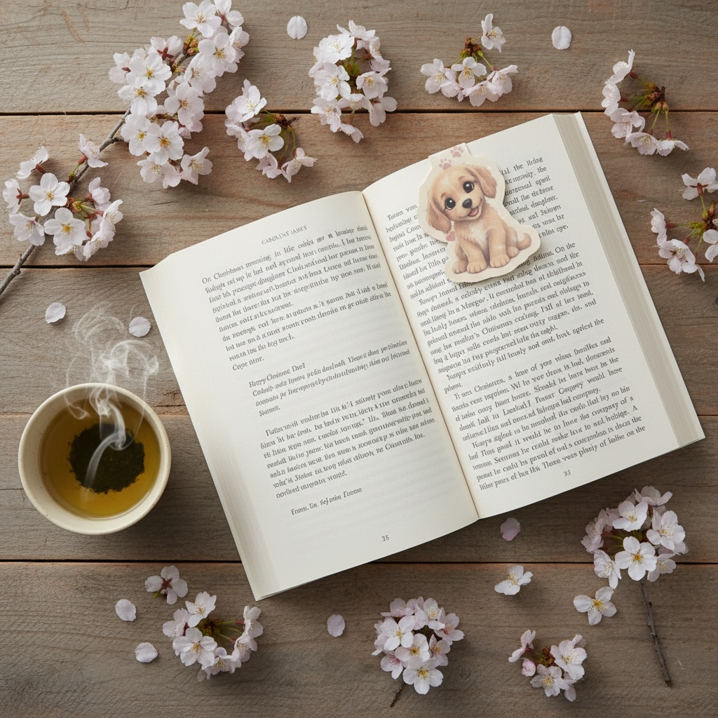 Lifestyle flatlay — bookmark on open book with cherry blossoms and green tea