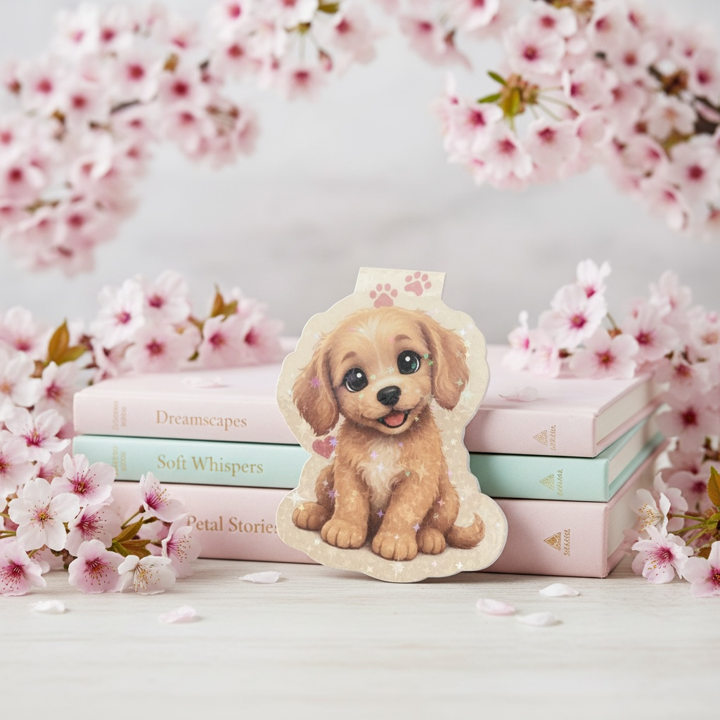 Product against books — bookmark leaning on pastel book stack with blossom framing