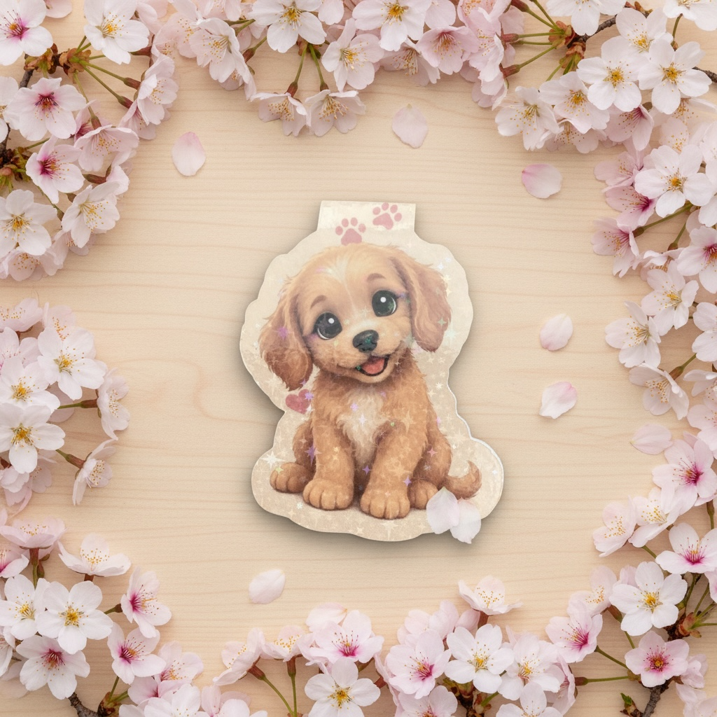 Close-up puppy magnetic bookmark — sparkle finish detail, centred in cherry blossom surround