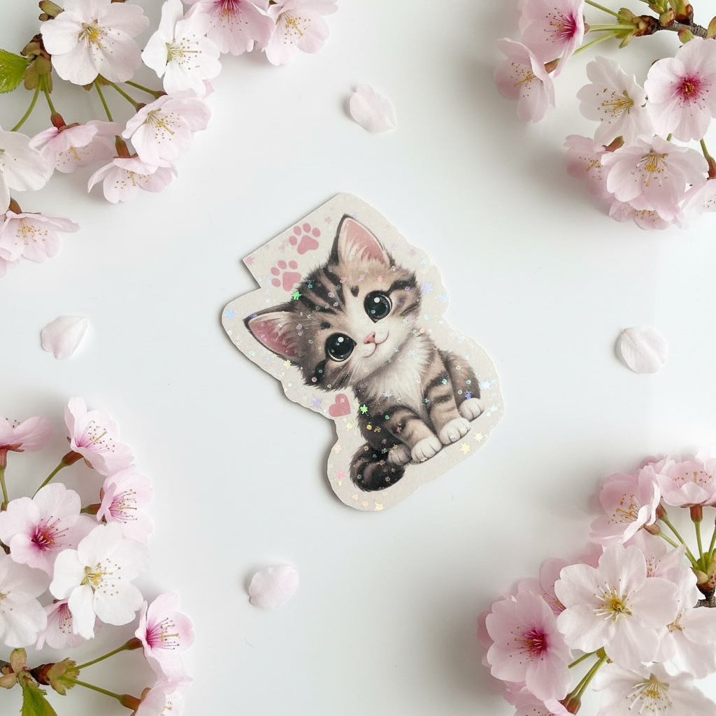 Close-up sparkle/glitter → "Close-up of sparkle kitten magnetic bookmark with holographic glitter finish surrounded by pink cherry blossom petals