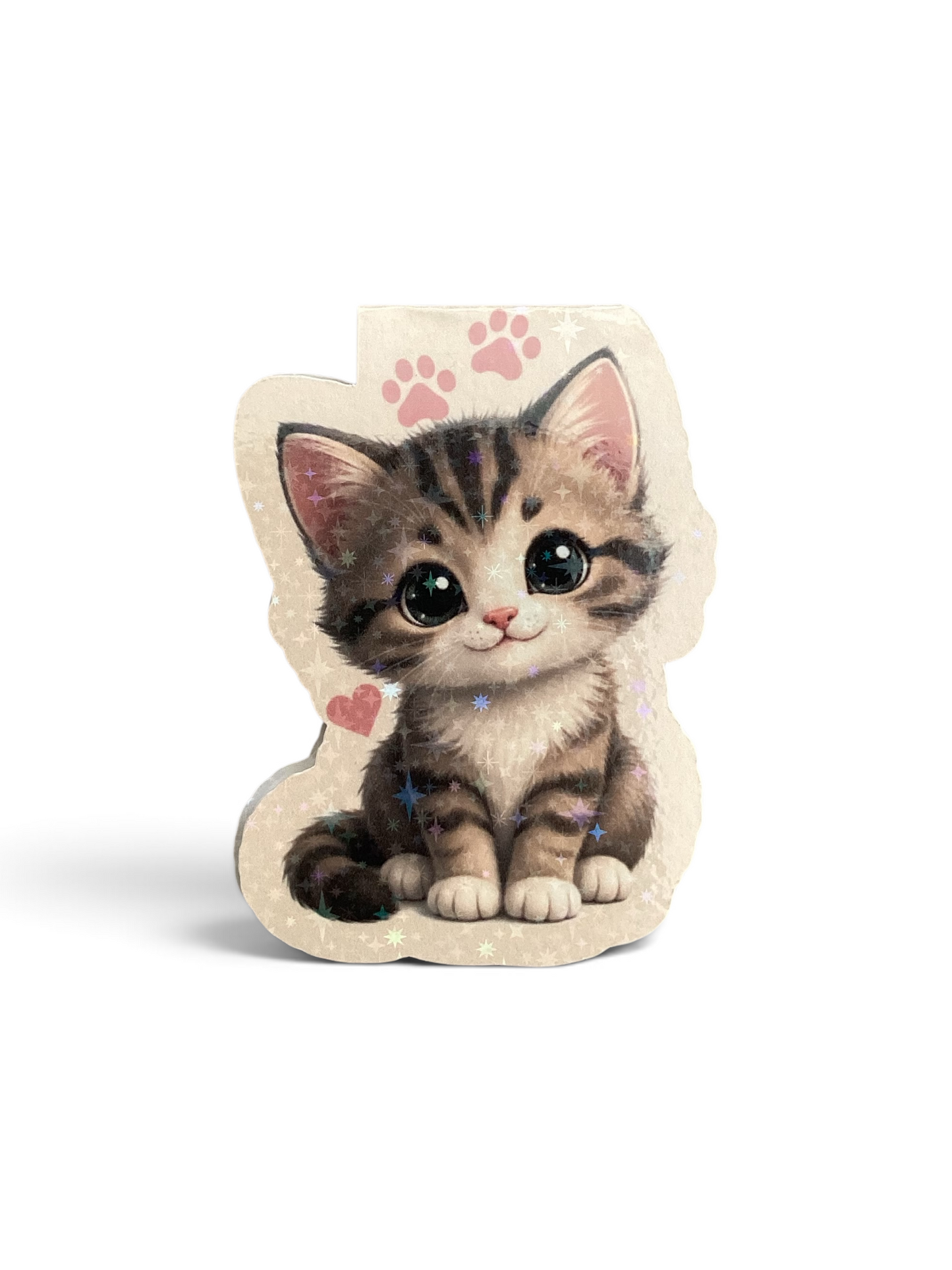 Product flat lay white background → "Handmade sparkle kitten magnetic bookmark with paw print and heart details on a white background by VonMare Creations"
