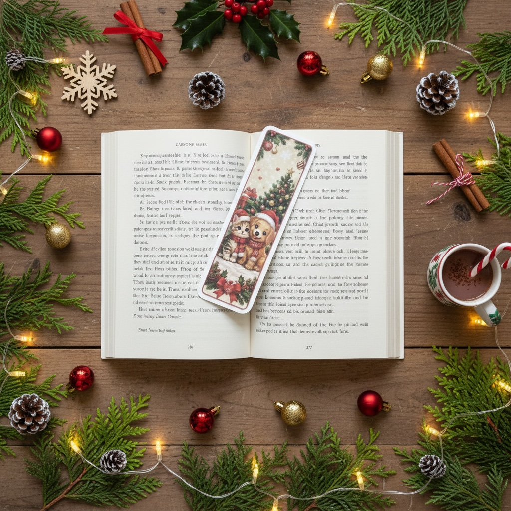 lifestyle flatlay on open book) — describes the bookmark in context with the festive props around it