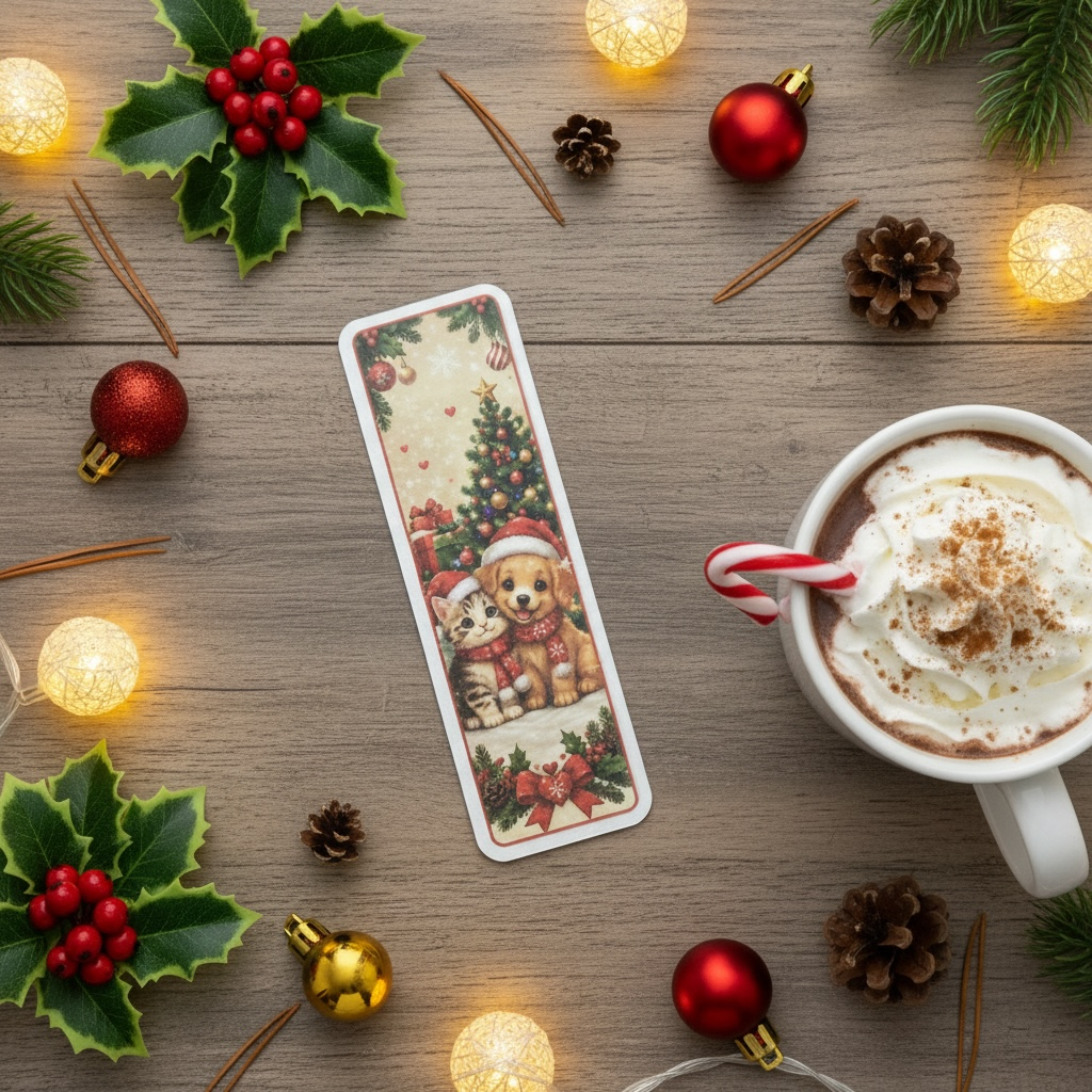 A rectangular Christmas-themed bookmark featuring a teddy bear and cat under a Christmas tree, styled on a rustic wooden tabletop with holiday decorations, a mug of hot cocoa with whipped cream, and warm string lights.