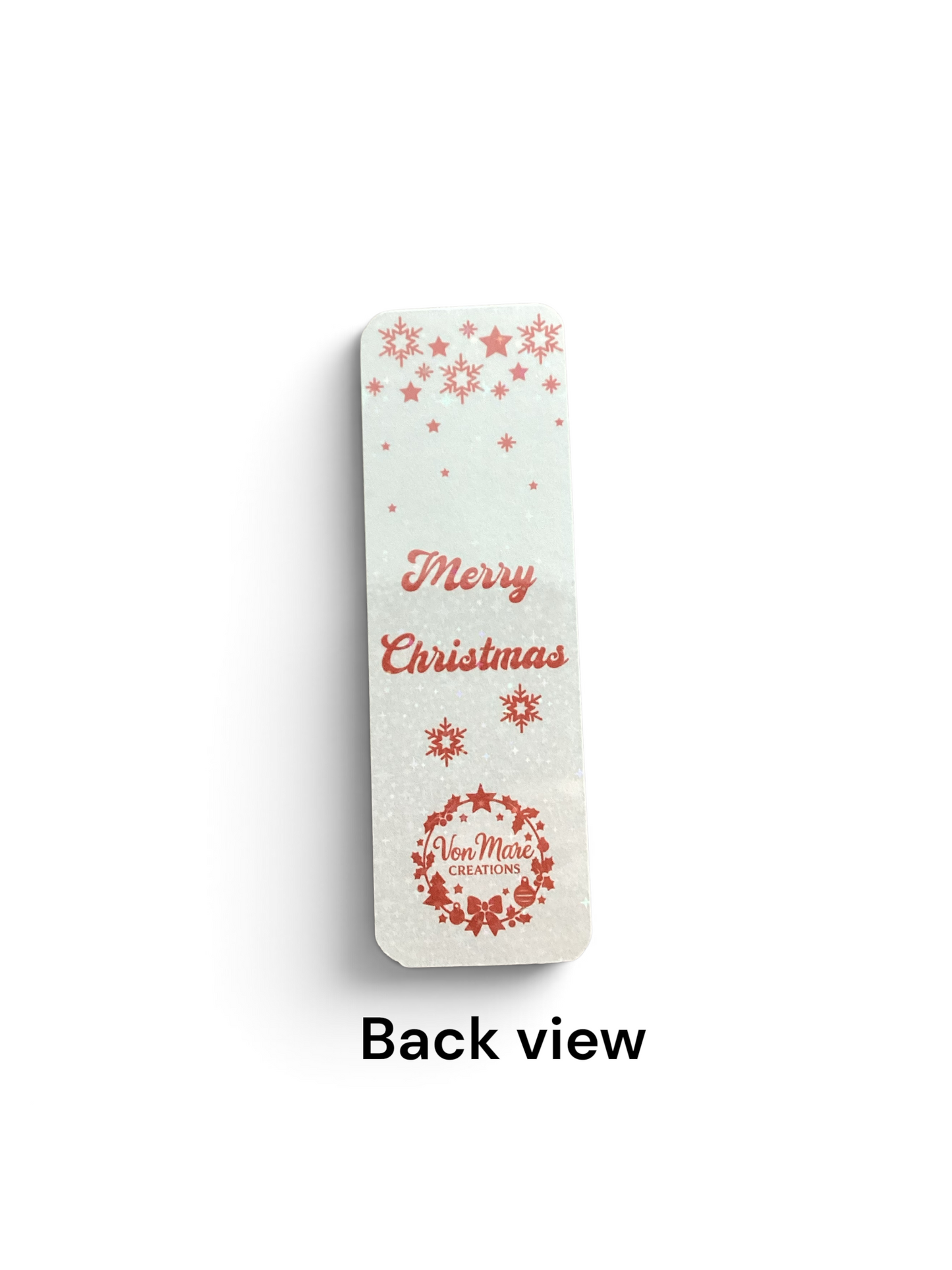 (back view, white background) — describes the "Merry Christmas" text, snowflake design, and VonMare Creations branding