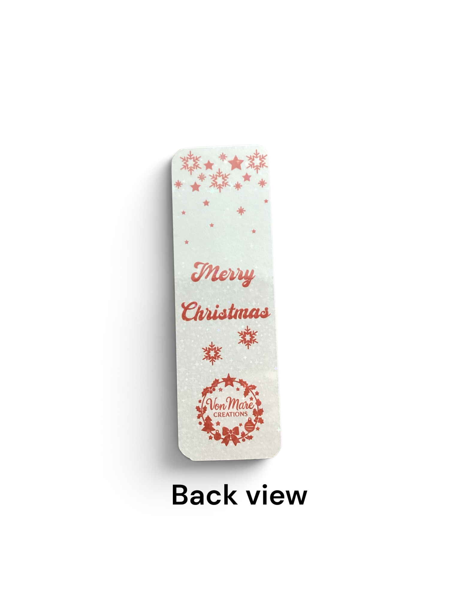 (back view, white background) — describes the "Merry Christmas" text, snowflake design, and VonMare Creations branding