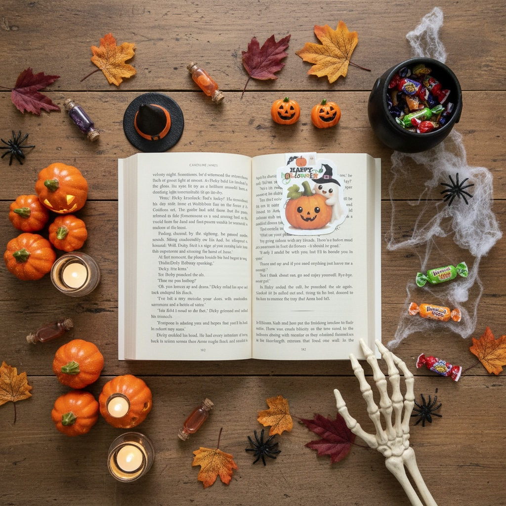  (flatlay in open book) — describes the book, autumn leaves, pumpkins, candles and Halloween sweets context