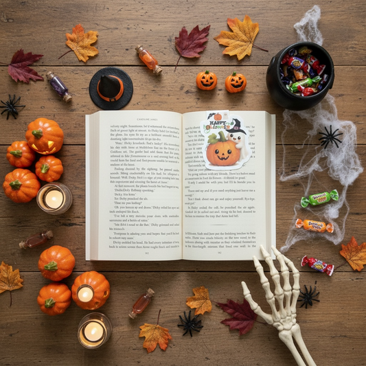  (flatlay in open book) — describes the book, autumn leaves, pumpkins, candles and Halloween sweets context