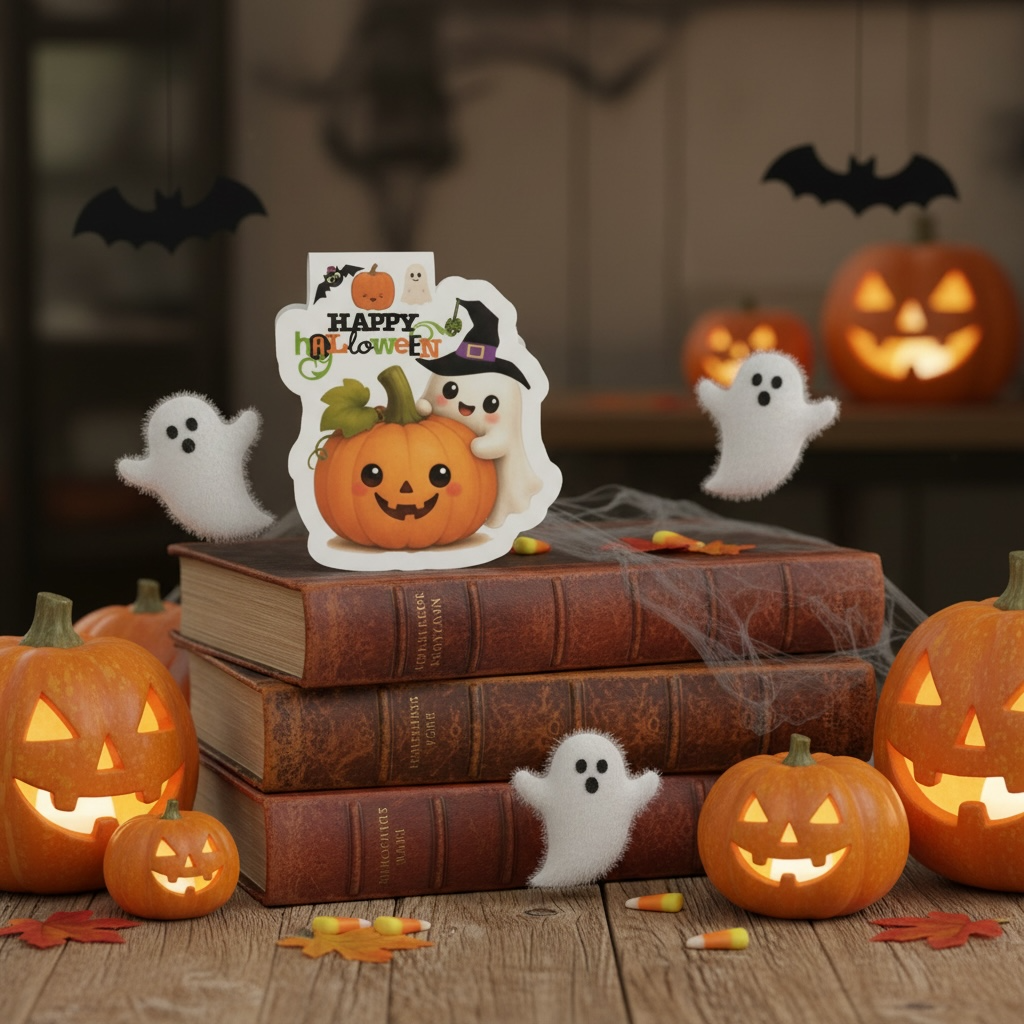 books stack, spooky backdrop) — highlights the vintage books, glowing jack-o-lanterns, fluffy ghosts and bats