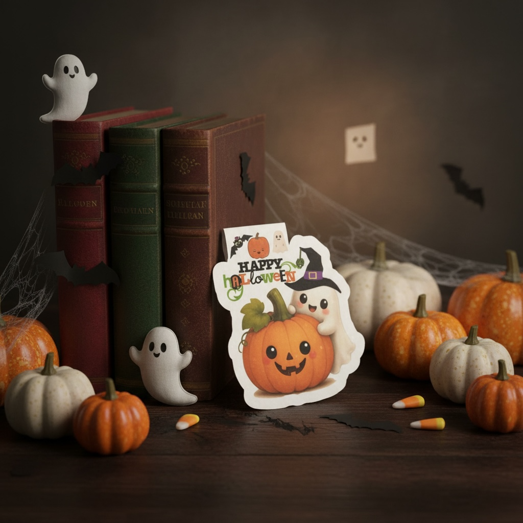 (moody dark scene) — captures the vintage books, ghost figurines, cobwebs and candy corn setting