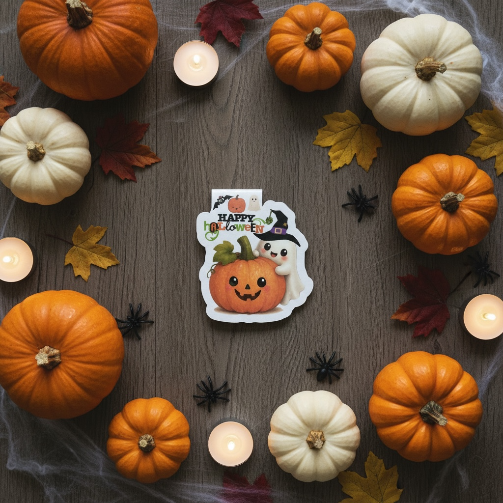 (overhead pumpkin ring) — describes the overhead flatlay with orange/white pumpkins, tealights and spiders
