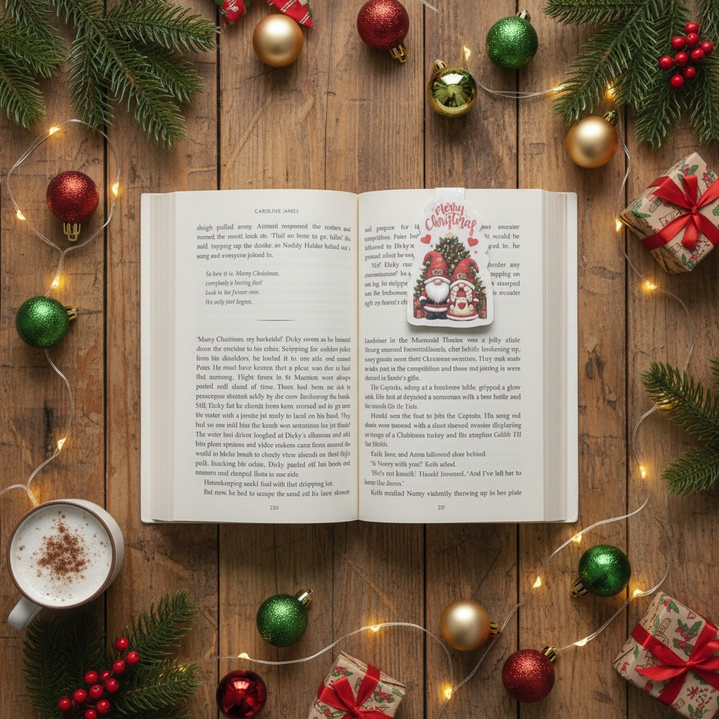 Bookmark in use in an open book, surrounded by Christmas decorations