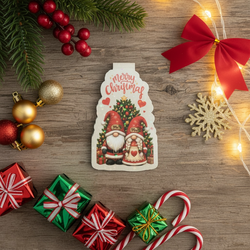 Flat lay of the bookmark on a rustic wooden background with Christmas gifts and fairy lights