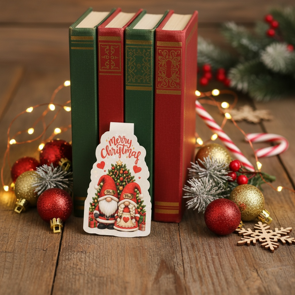 Bookmark propped against festive books with baubles and candy cane