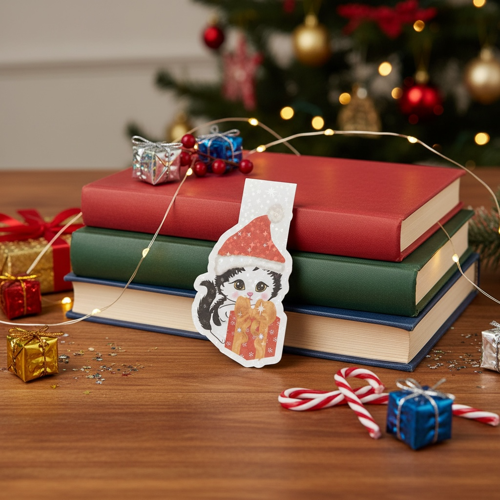 Christmas Kitten Magnetic Bookmark | Double-Sided Sparkle Design | Book Lover Gift