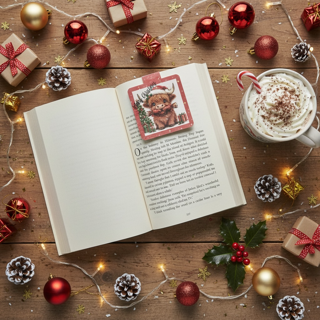 An open book on a rustic wooden table surrounded by Christmas decorations, including red and gold ornaments, wrapped gifts, pinecones, fairy lights, holly, and a cup of whipped cream with cocoa powder. A Christmas Highland Cow Magnetic bookmark on a page.
