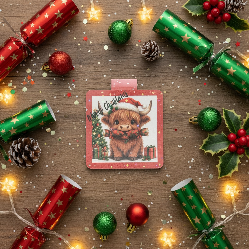 A square Christmas Magnetic bookmark featuring a Highland cow in a Santa hat, styled in a festive flat-lay on a wooden surface surrounded by red and green cracker fireworks, ornaments, pinecones, and holly.