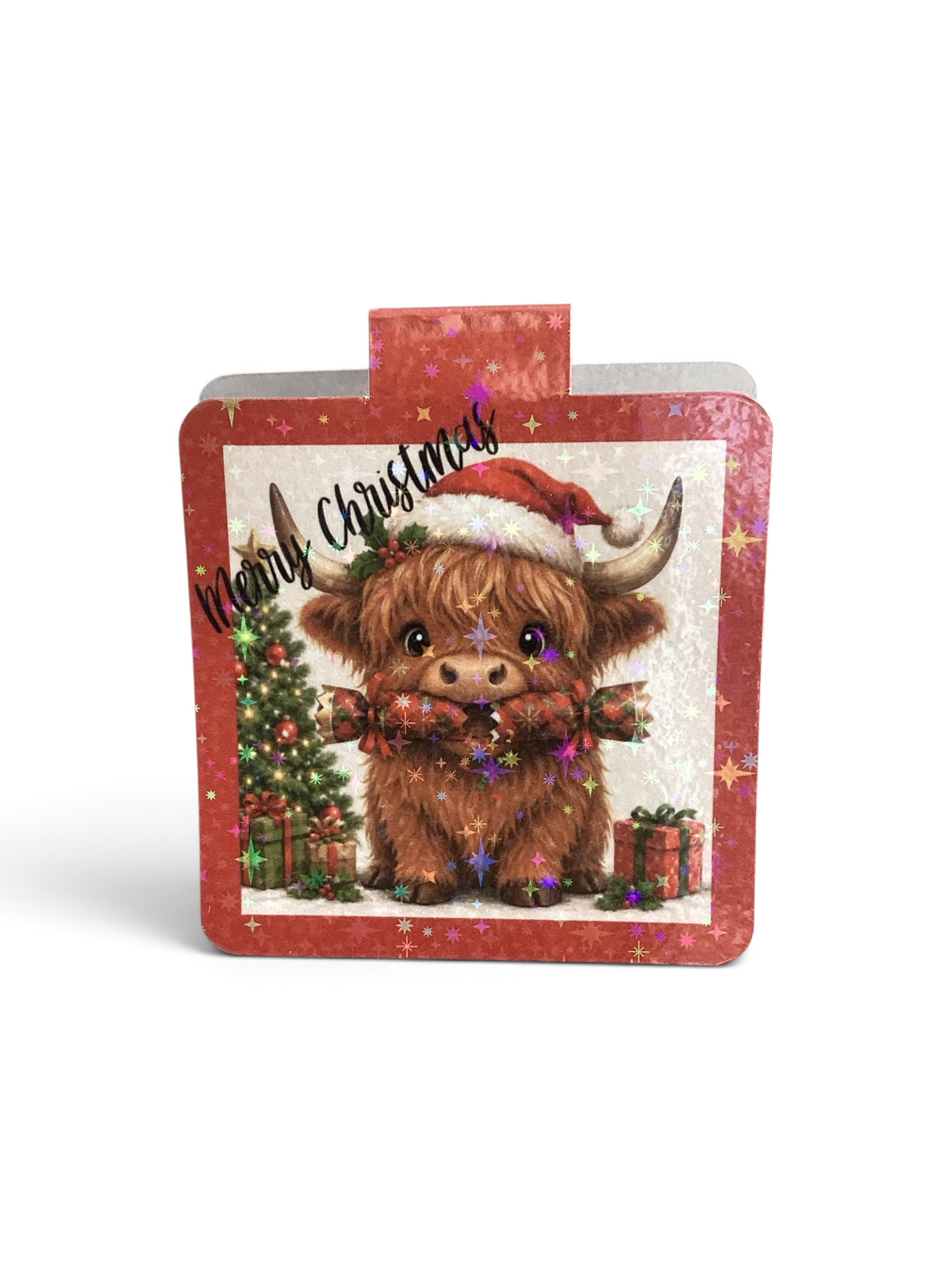 A square Christmas Magnetic Bookmark featuring a festive Highland cow in a studio white background