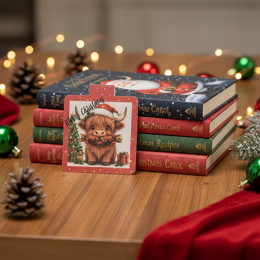 Highland cow magnetic bookmark leaning against a stack of christmas books on a wooden table