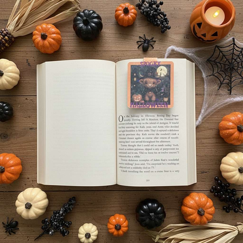 "Highland Cow Halloween magnetic bookmark in use inside an open book, surrounded by miniature pumpkins and Halloween props on a rustic wooden surface"