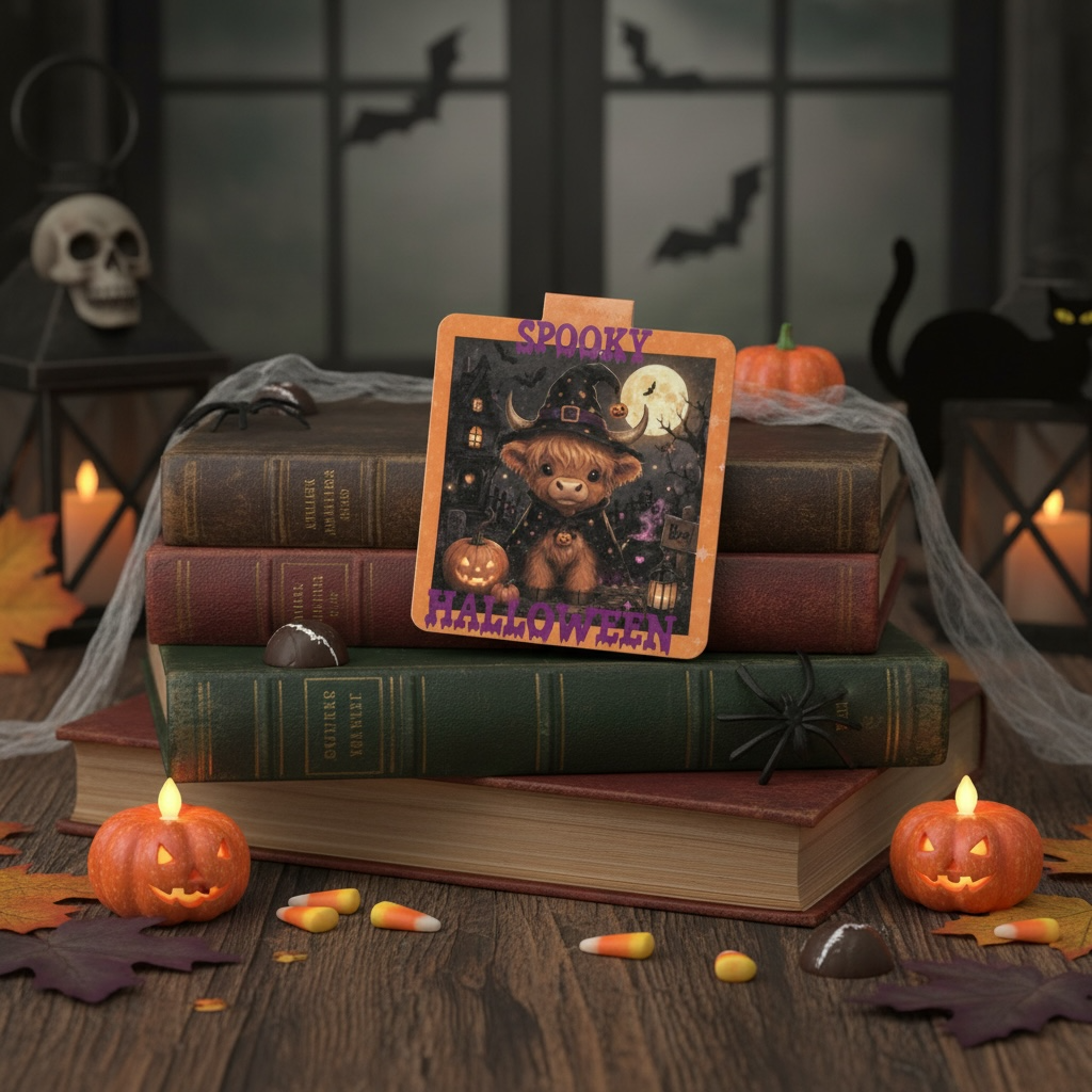 Highland Cow Halloween magnetic bookmark displayed on a stack of books with spooky Halloween decorations, candles and pumpkins"