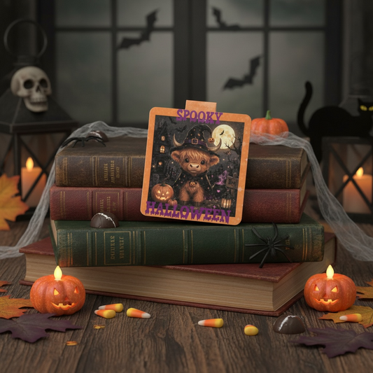 Highland Cow Halloween magnetic bookmark displayed on a stack of books with spooky Halloween decorations, candles and pumpkins"