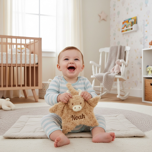 Sitting laughing baby holding a Highland cow toy comforter blanket