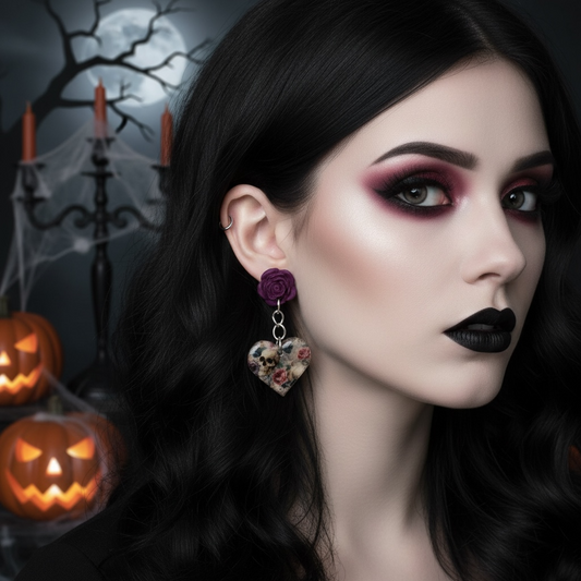 Gothic Skull & Rose Heart Dangle Earrings | Handmade Polymer Clay