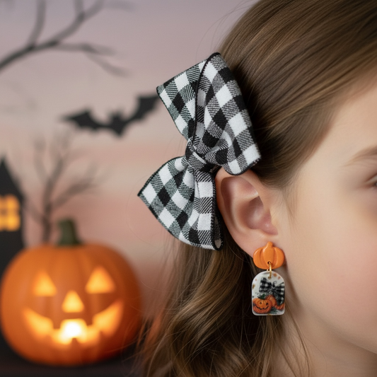 Handmade Pumpkin Dangle Earrings with Bow Pattern | Halloween