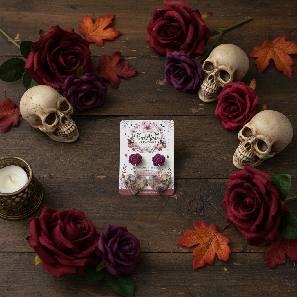 Gothic Skull & Rose Heart Dangle Earrings | Handmade Polymer Clay
