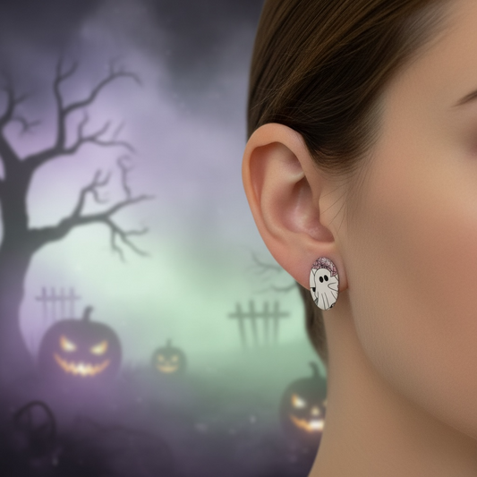 Ghost and Floral Oval Resin Stud Earrings | Hypoallergenic