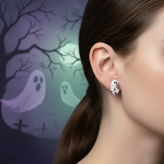 Halloween Ghost Earrings – Oval Polymer Clay, Hypoallergenic