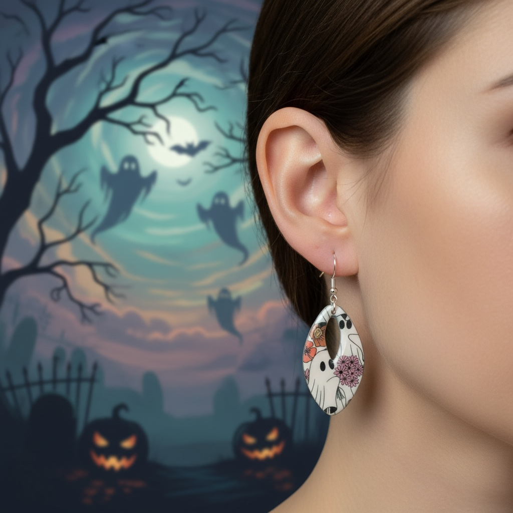 Floral Ghost Halloween Polymer Clay Dangle Earrings / Hypoallergenic