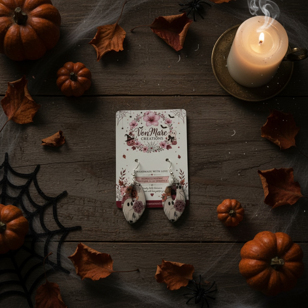 Floral Ghost Halloween Polymer Clay Dangle Earrings / Hypoallergenic