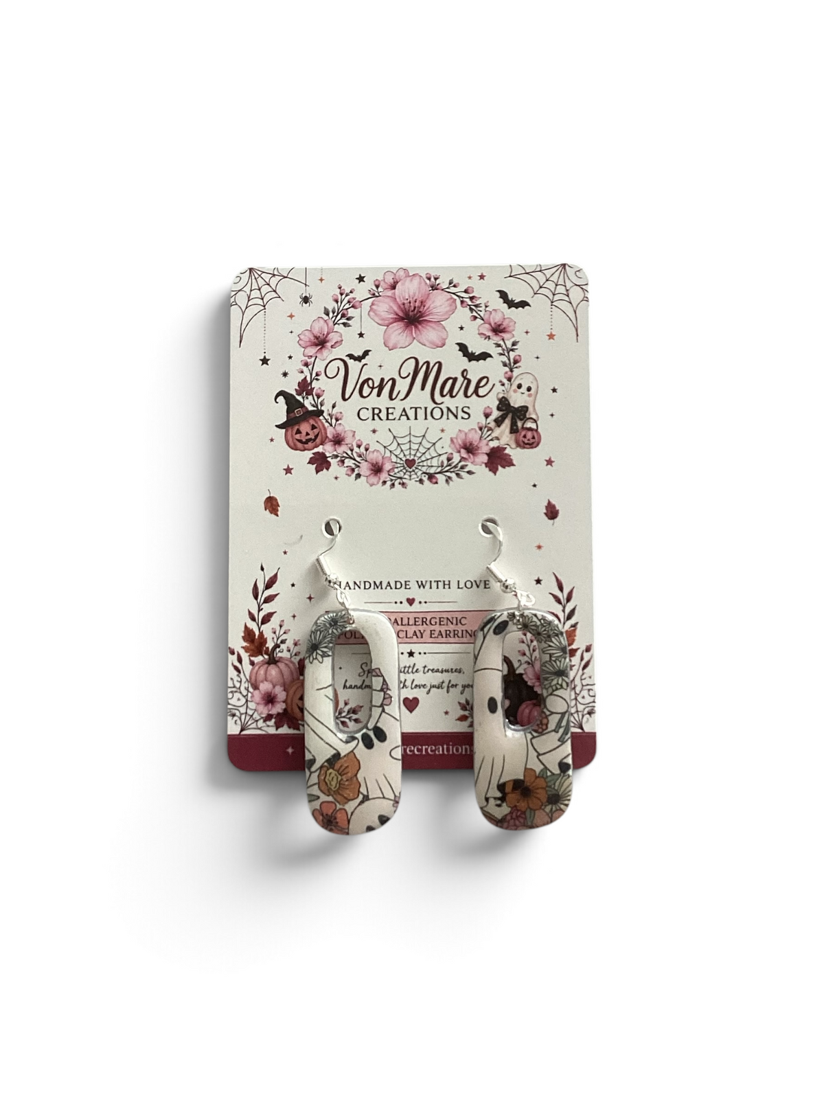 Ghost & Floral Polymer Clay Dangle Earrings | Hypoallergenic Hooks