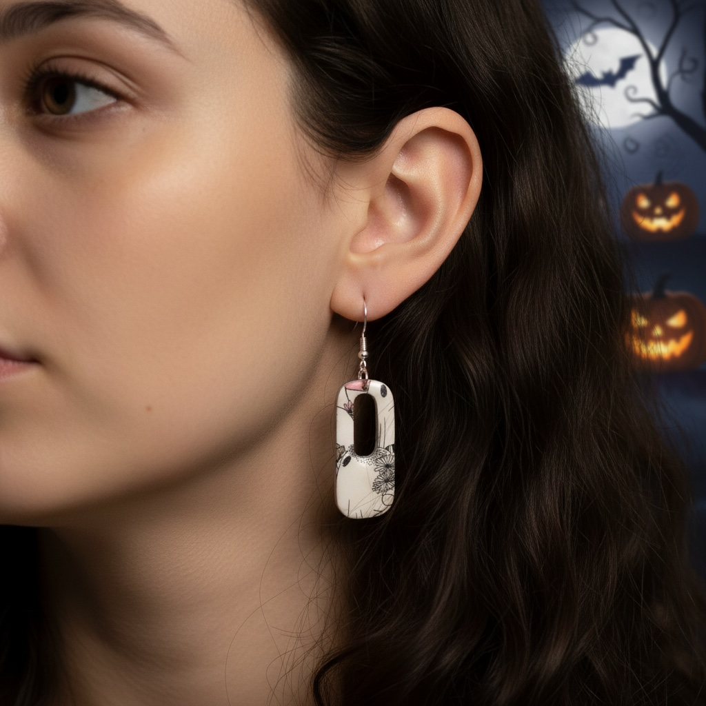 Halloween Ghost Earrings – Retro Rectangle Polymer Clay Dangles, Hypoallergenic