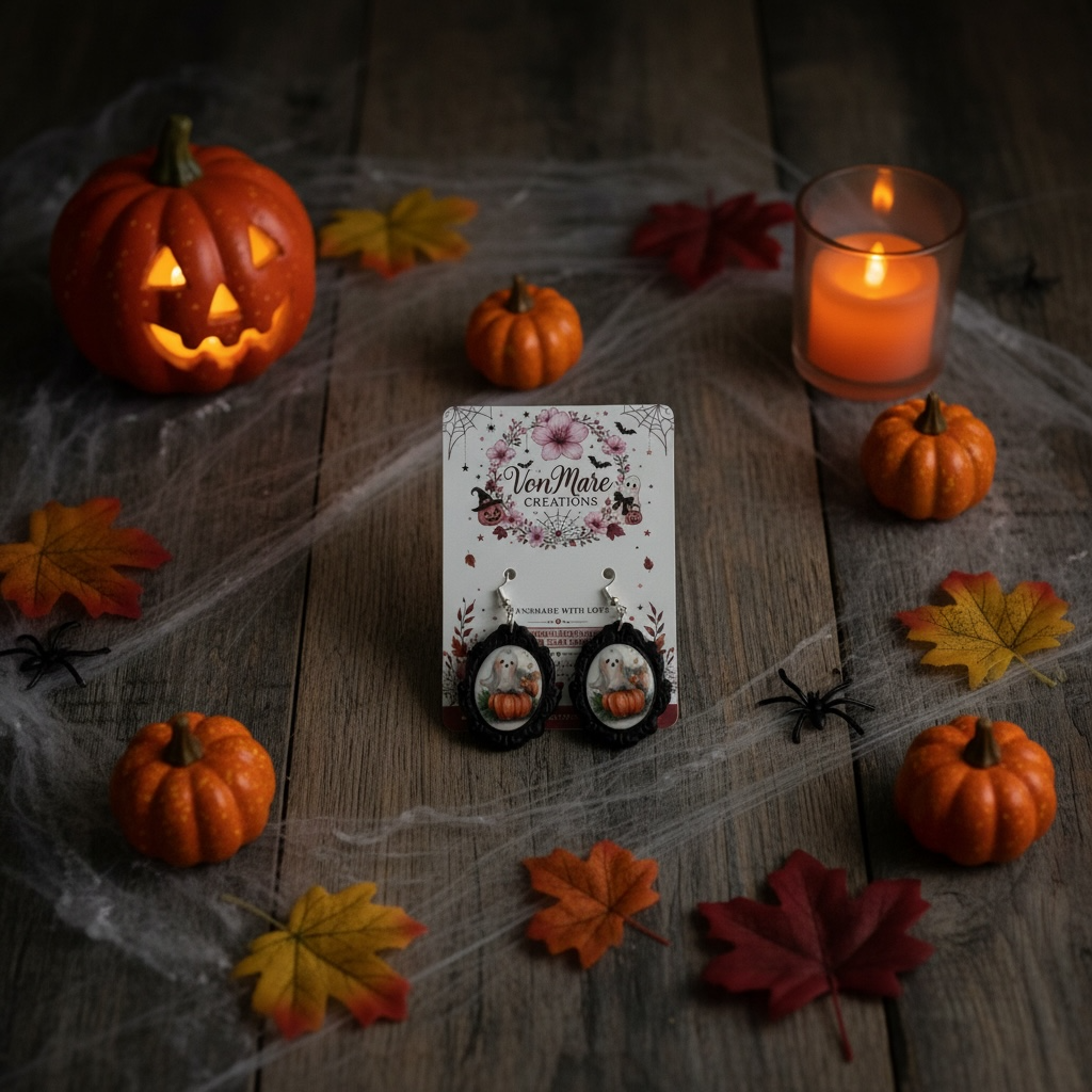A pair of gothic-style Halloween earrings displayed on a branded card, styled on a rustic wooden surface with autumn props including a jack-o'-lantern, candles, spider decorations, and colorful leaves.