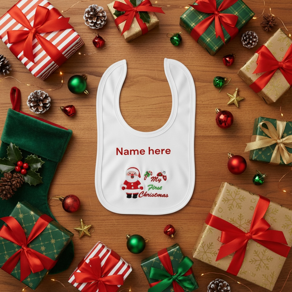 My First Christmas Santa Embroidered Baby Bib | Personalised Embroidered Gift