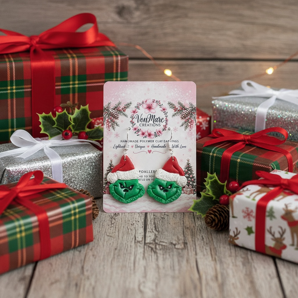 Grinch-Inspired Christmas Earrings – Hypoallergenic/ Polymer Clay