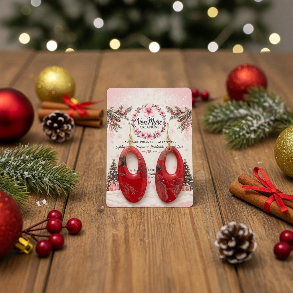Red Oval Marble Effect Christmas Earrings – Hypoallergenic Gold-Plated Hooks
