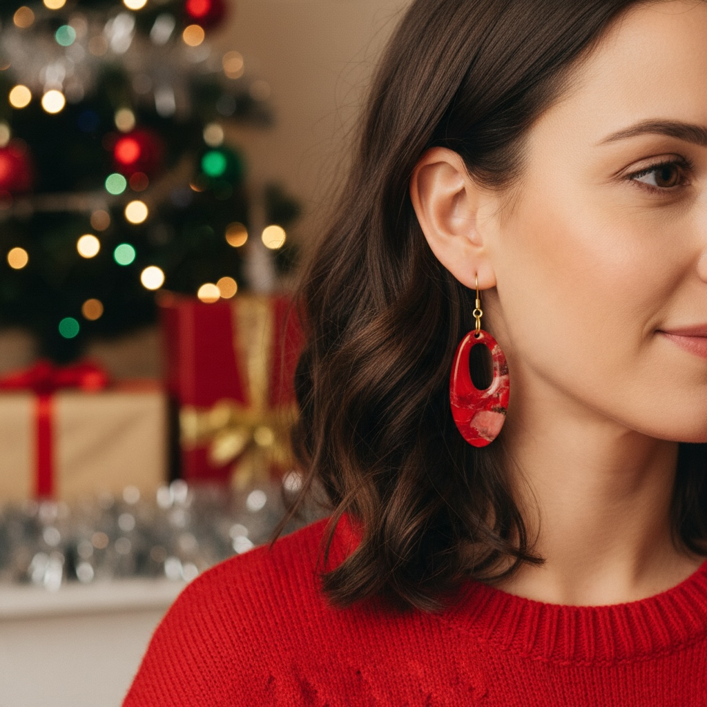 Red Oval Marble Effect Christmas Earrings – Hypoallergenic Gold-Plated Hooks