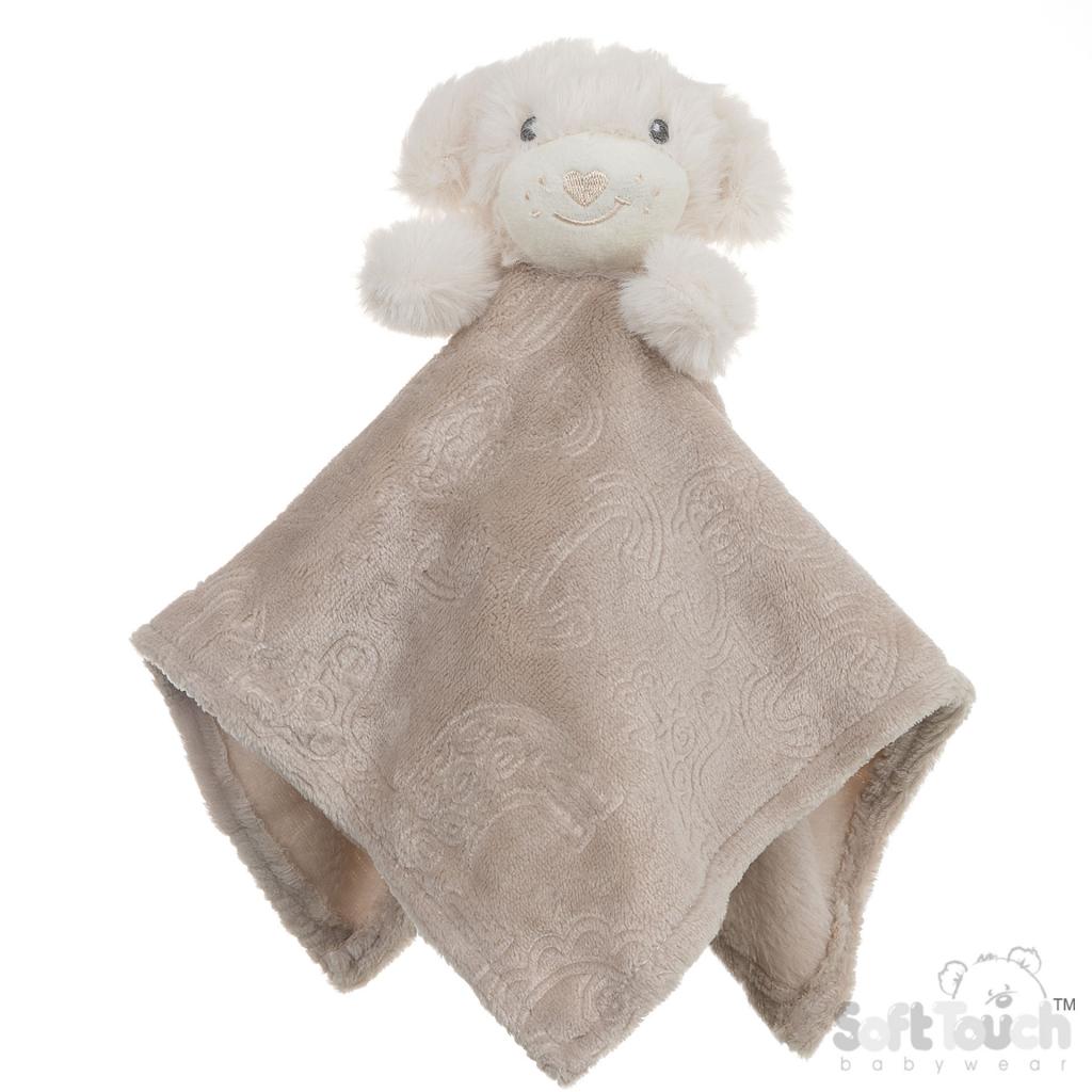 Plush toy with a blanket on a white background, featuring the brand 'Soft Touch'.