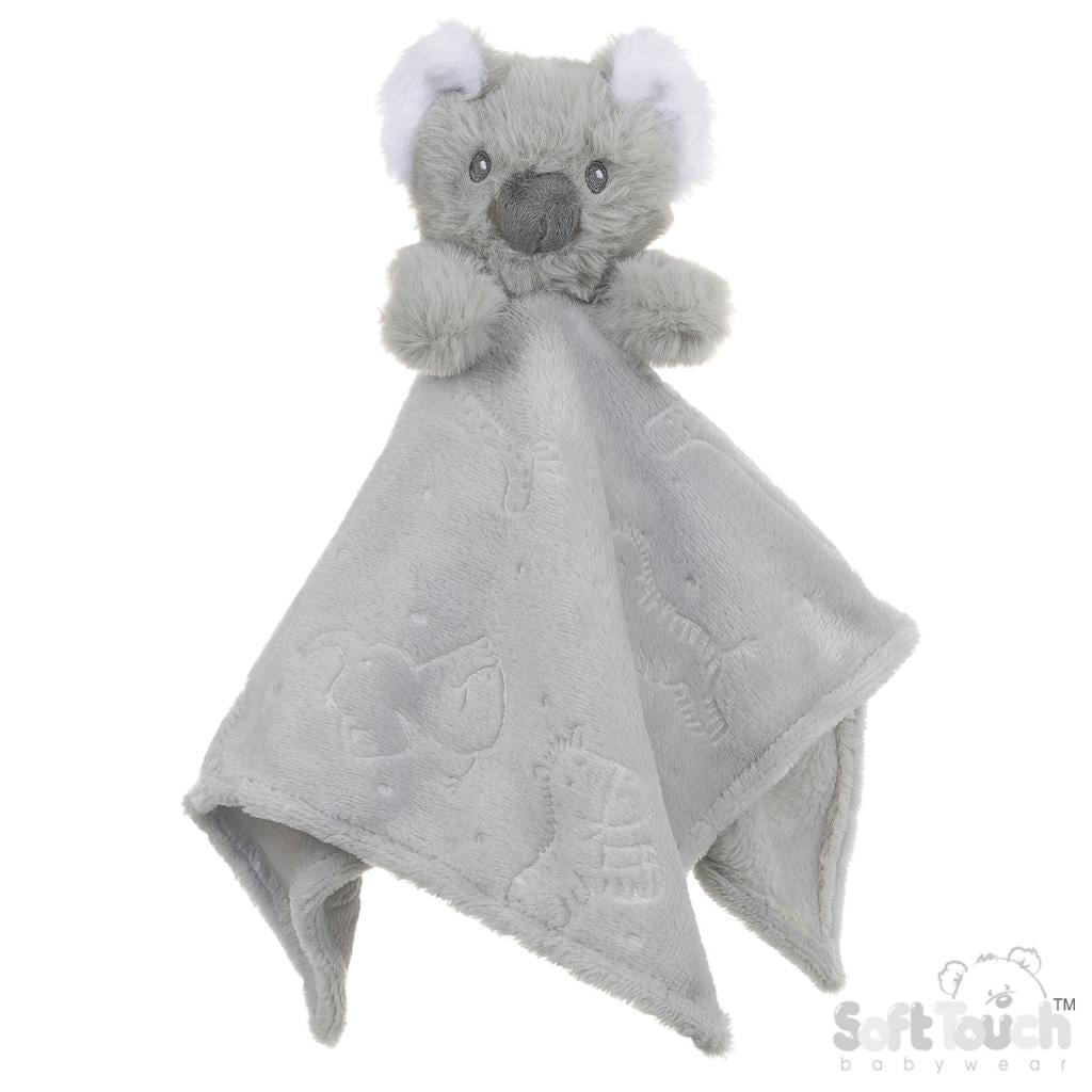 Grey plush koala toy with a matching blanket on a white background